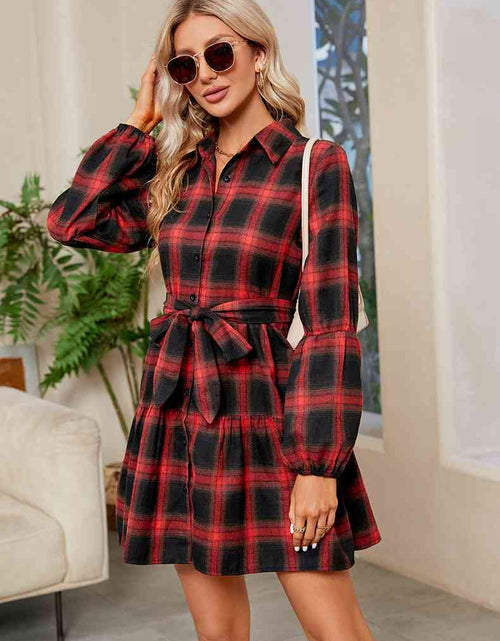 Load image into Gallery viewer, Plaid Print Tie Waist Collared Neck Shirt Dress
