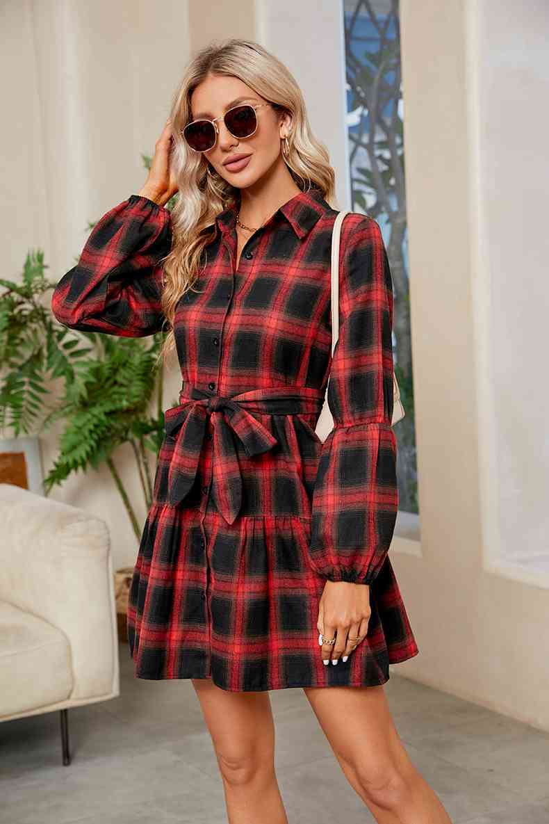 Plaid Print Tie Waist Collared Neck Shirt Dress