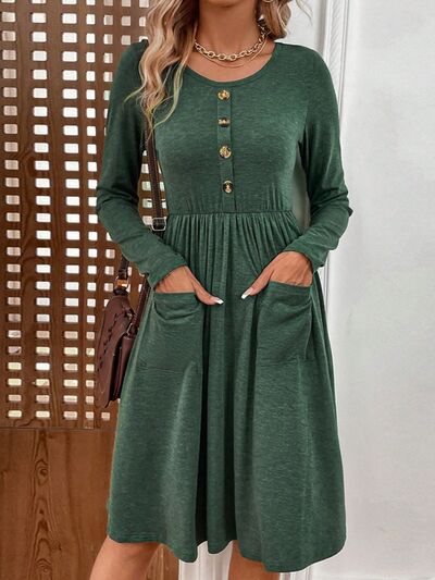 Load image into Gallery viewer, Decorative Button Pocketed Round Neck Dress
