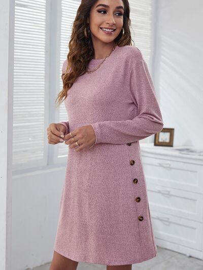 Load image into Gallery viewer, Decorative Button Round Neck Long Sleeve Dress
