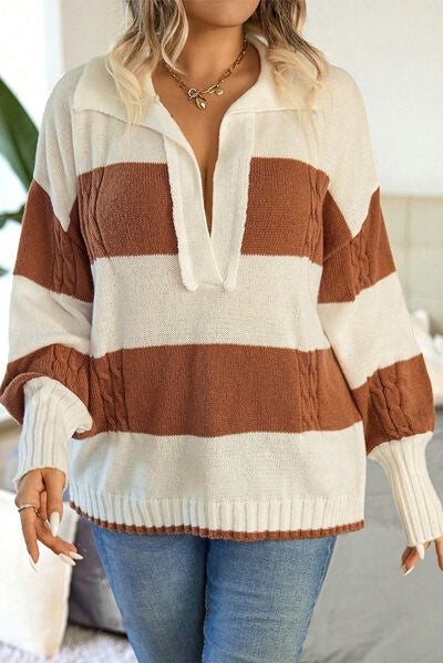 Load image into Gallery viewer, Striped Johnny Collar Dropped Shoulder Sweater
