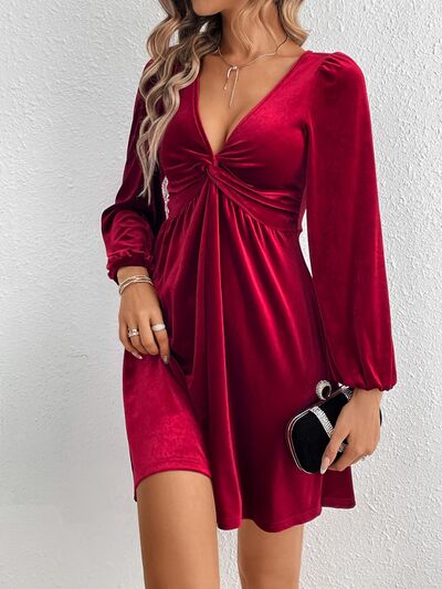 Load image into Gallery viewer, Twisted V-Neck Balloon Sleeve Mini Dress
