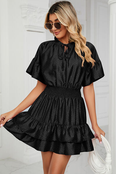 Load image into Gallery viewer, Smocked Tie Neck Flounce Sleeve Dress
