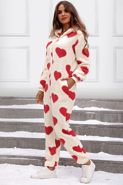 Load image into Gallery viewer, Fuzzy Heart Zip Up Hooded Lounge Jumpsuit
