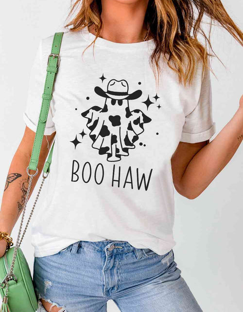 Load image into Gallery viewer, V-Neck Short Sleeve BOO HAW Ghost Graphic T-Shirt
