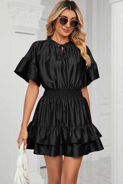 Load image into Gallery viewer, Smocked Tie Neck Flounce Sleeve Dress
