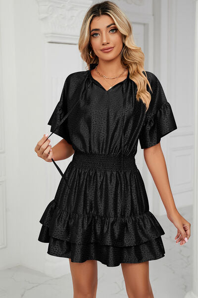 Load image into Gallery viewer, Smocked Tie Neck Flounce Sleeve Dress
