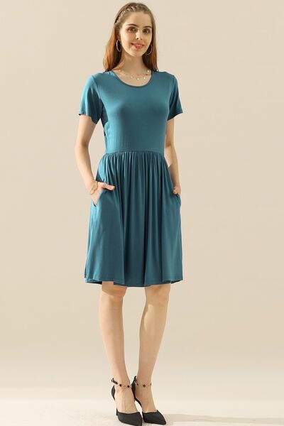 Load image into Gallery viewer, Ninexis Full Size Round Neck Ruched Dress with Pockets
