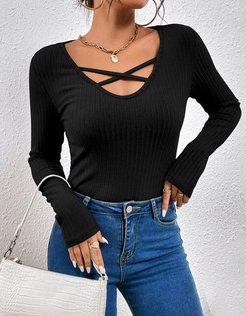 Load image into Gallery viewer, Ribbed Crisscross V-Neck Long Sleeve Knit Top
