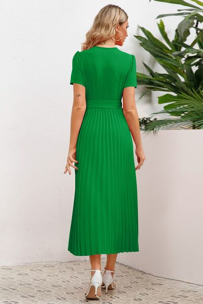 Load image into Gallery viewer, Pleated Surplice Short Sleeve Midi Dress
