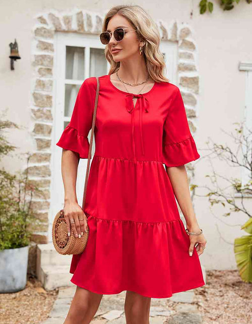 Load image into Gallery viewer, Ruffle Trim Tie Neck Flounce Sleeve Tiered Dress
