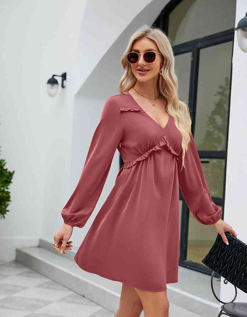 Load image into Gallery viewer, Frill Trim V-Neck Long Sleeve Dress
