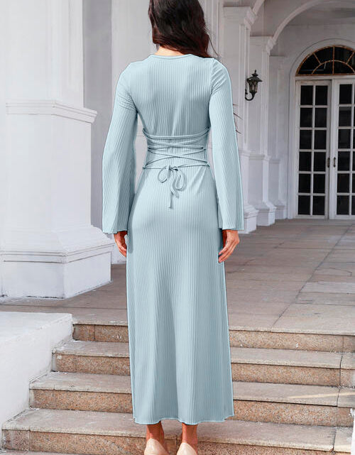 Load image into Gallery viewer, Tie Back Ribbed Round Neck Long Sleeve Dress
