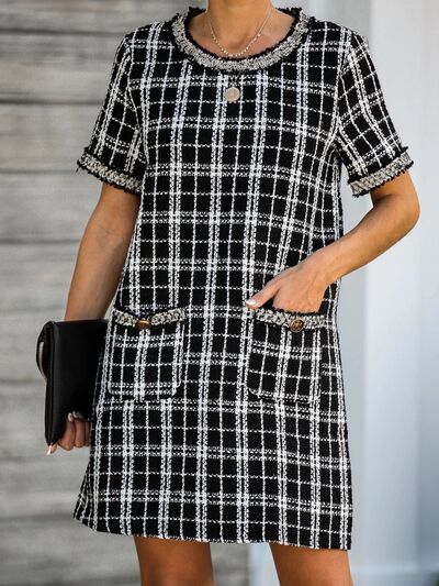 Load image into Gallery viewer, Pocketed Plaid Round Neck Short Sleeve Dress
