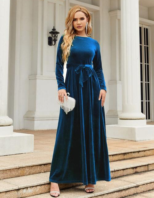 Load image into Gallery viewer, Tie Front Round Neck Long Sleeve Maxi Dress
