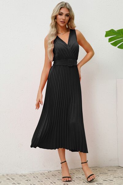 Load image into Gallery viewer, Surplice Sleeveless Midi Pleated Dress
