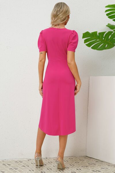 Load image into Gallery viewer, Slit Ruched Round Neck Puff Sleeve Dress
