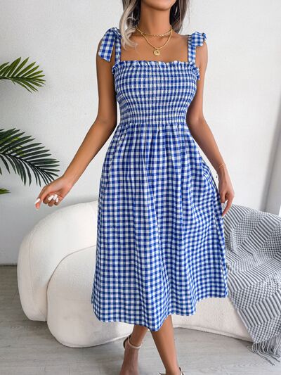 Load image into Gallery viewer, Frill Plaid Square Neck Midi Dress
