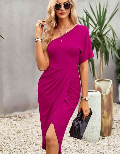 Load image into Gallery viewer, Ruched One-Shoulder Tulip Hem Dress
