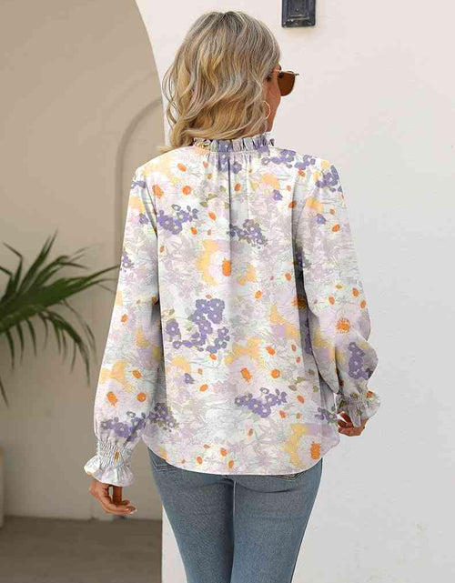 Load image into Gallery viewer, Printed Tie Neck Flounce Sleeve Blouse
