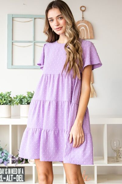 Load image into Gallery viewer, Heimish Full Size Swiss Dot Short Sleeve Tiered Dress
