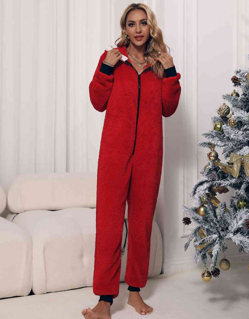 Load image into Gallery viewer, Zip Front Long Sleeve Hooded Teddy Lounge Jumpsuit
