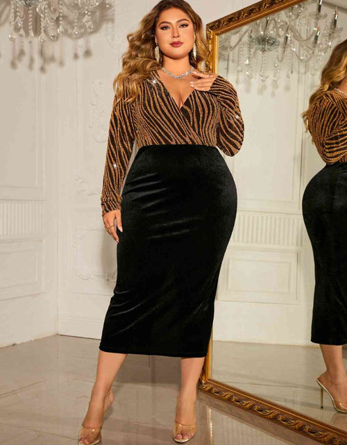 Load image into Gallery viewer, Plus Size Surplice Neck Long Sleeve Slit Dress
