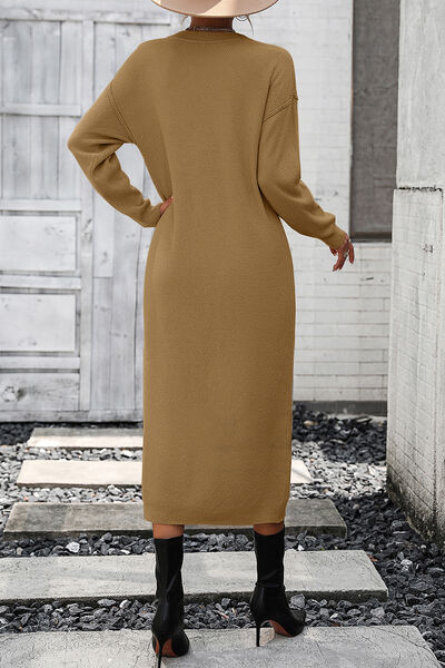 Load image into Gallery viewer, Decorative Button Notched Dropped Shoulder Sweater Dress
