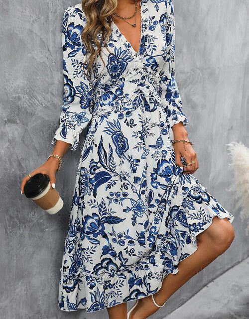 Load image into Gallery viewer, Printed V-Neck Ruffle Hem Flounce Sleeve Dress
