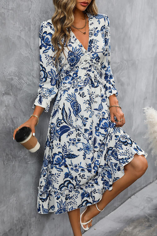 Printed V-Neck Ruffle Hem Flounce Sleeve Dress