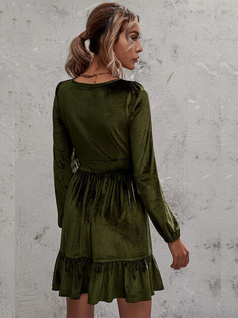 Load image into Gallery viewer, Plunge Long Sleeve Ruffle Hem Dress
