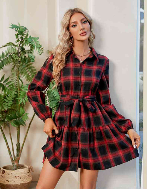 Load image into Gallery viewer, Plaid Print Tie Waist Collared Neck Shirt Dress
