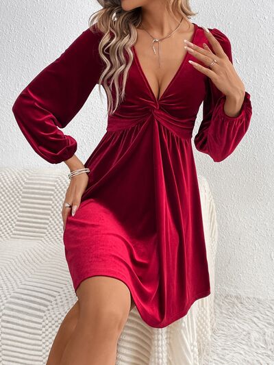 Load image into Gallery viewer, Twisted V-Neck Balloon Sleeve Mini Dress
