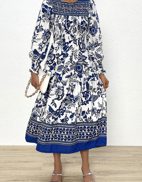 Load image into Gallery viewer, Printed Smocked Lantern Sleeve Ruffled Dress
