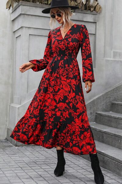 Load image into Gallery viewer, Printed Surplice Balloon Sleeve Midi Dress
