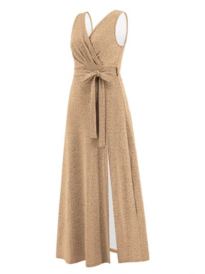 Load image into Gallery viewer, Slit Surplice Tie Waist Sleeveless Dress
